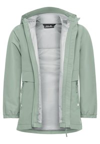 Veste à capuche vert clair avec fermeture éclair avant ouverte, poignets élastiques et deux poches latérales zippées, montrant une doublure en mesh gris clair à l’intérieur.
