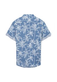 Camicia a maniche corte con bottoni in tessuto azzurro chiaro, caratterizzata da una stampa di palme bianche. Collo classico, orlo dritto e vestibilità rilassata.