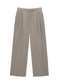 Beige wijde broek met plooien, gemaakt van een gladde stof. Heeft een klassieke tailleband en een verborgen voorsluiting. Lichtgewicht textuur.