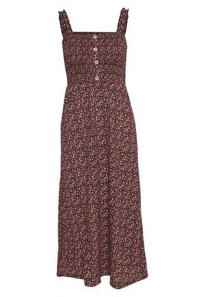 Black floral dress with a smocked bodice, thin straps, and wooden buttons down the front. Midi length with a flowing skirt.