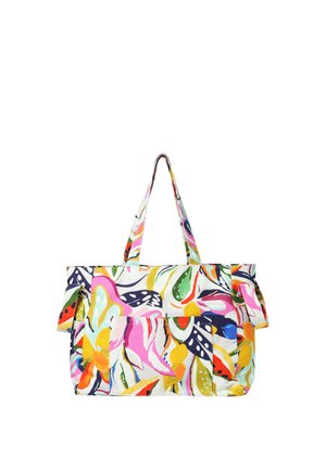 Sac fourre-tout avec motif floral abstrait coloré rose, jaune, vert, bleu et orange sur fond blanc, avec deux poignées et poche devant.