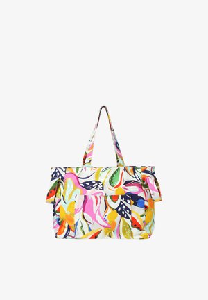 Sac fourre-tout avec motif floral abstrait coloré rose, jaune, vert, bleu et orange sur fond blanc, avec deux poignées et poche devant.
