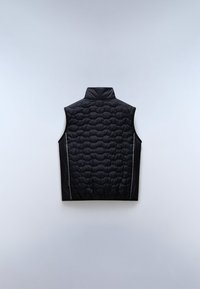 Černá péřová vesta s vysokým límcem, nabízející prošívanou strukturu, boční zipy a hladké látkové panely. Bez rukávů, přiléhavý střih.