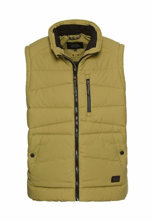 Green puffer vest, sleeveless design, quilted texture, front zip closure, two zippered pockets, accent hardware in black and orange.