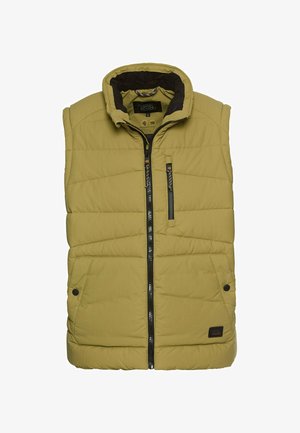 Grüne Steppweste, ärmelloses Design, gesteppte Textur, Reißverschlussverschluss vorne, zwei Reißverschlusstaschen, Akzentbeschläge in Schwarz und Orange.