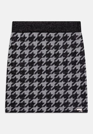 Schwarz-grau karierten Hahnentritt-Rock mit dezentem Metallic-Schimmer, ausgestattet mit einem schwarzen elastischen Bund und seitlichem Logodetail.