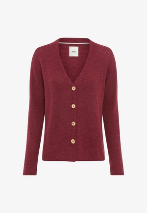 Burgundy knitted cardigan featuring a v-neck, five wooden buttons, long sleeves, and a textured fabric. Brand label visible inside neckline.