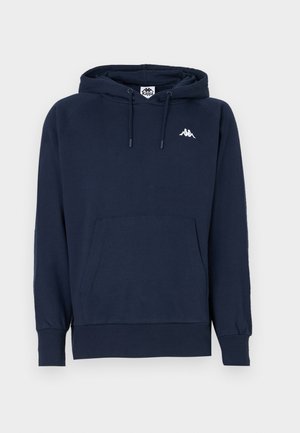 Navy blue long-sleeve hoodie with front pocket, drawstring hood, and small white Kappa logo on the chest.