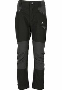 Schwarze Outdoor-Hosen mit grauen Akzenten, aus robustem Material. Verfügt über mehrere mit Reißverschluss versehenen Taschen und verstärkte Kniebereiche.