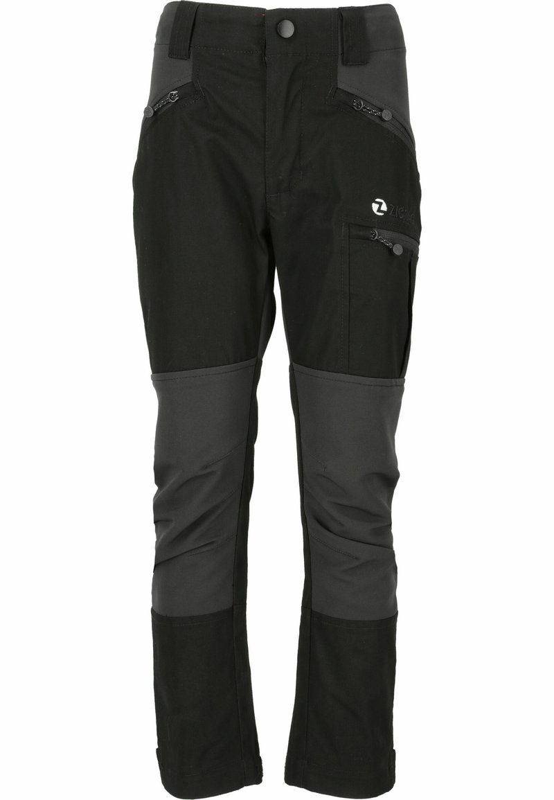 Schwarze Outdoor-Hosen mit grauen Akzenten, aus robustem Material. Verfügt über mehrere mit Reißverschluss versehenen Taschen und verstärkte Kniebereiche.