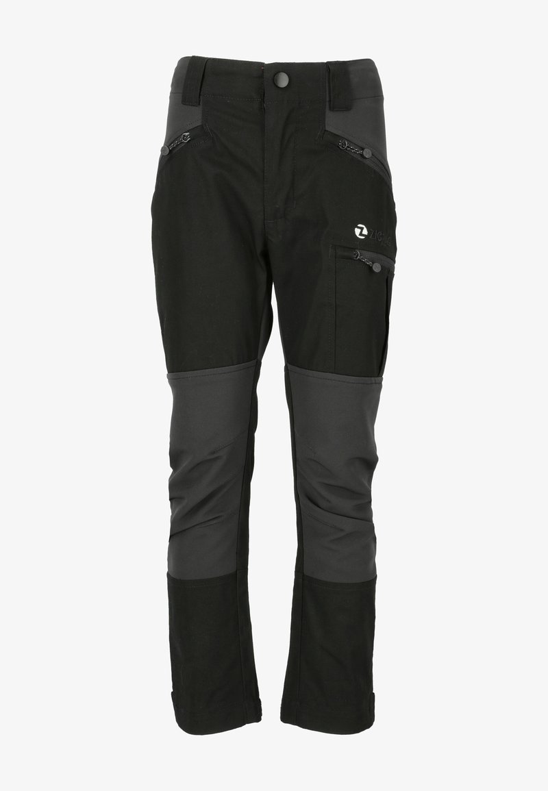 Schwarze Outdoor-Hosen mit grauen Akzenten, aus robustem Material. Verfügt über mehrere mit Reißverschluss versehenen Taschen und verstärkte Kniebereiche.