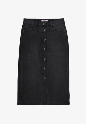 Zwarte denim rok met een rechte snit, voorzien van een voorkant met knoopsluiting, riemlussen en zijzakken. Gladde textuur met minimale stikdetails.