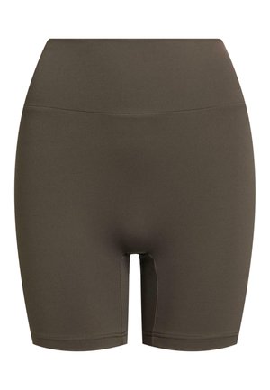 Höga shorts i mörk olivgrön, tillverkade av smidigt, elastiskt material, med en enkel design och en längd till mitten av låret.