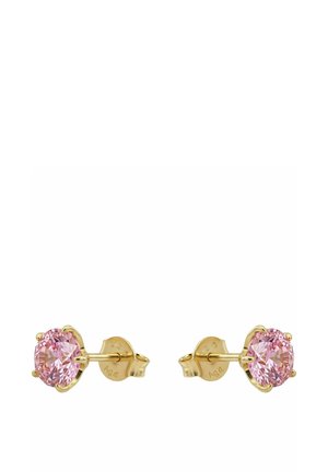 Pendientes de botón de oro, cada uno con una piedra preciosa redonda rosa en un engaste de cuatro garras y cierres de mariposa.