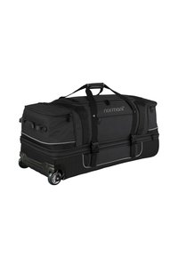 Schwarze Rolltasche mit zwei Obergriffen, Reißverschlüssen und silbernen Akzenten. Hergestellt aus strapazierfähigem Stoff mit einer strukturierten Oberfläche.