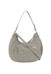 Borsa a spalla in pelle grigia con motivo trapuntato, tasca con zip argentata e tracolla regolabile. Presenta una forma arrotondata.