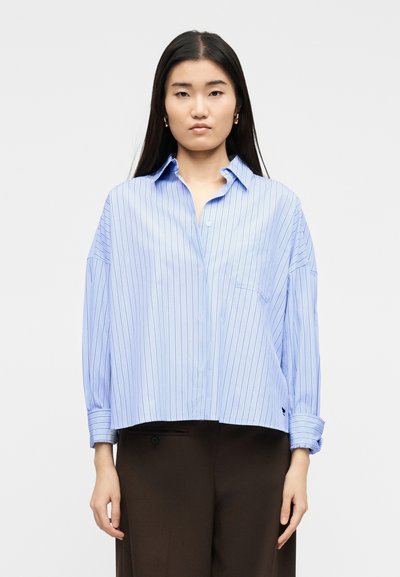Jeune femme aux longs cheveux foncés portant une chemise ample à rayures fines bleu clair boutonnée et un pantalon marron foncé, debout devant un fond uni.
