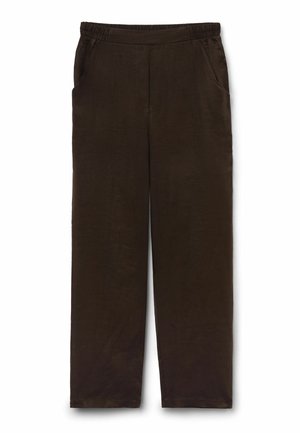 Pantaloni marrone scuro a gamba dritta con cintura elastica e tasche laterali, distesi su uno sfondo bianco.