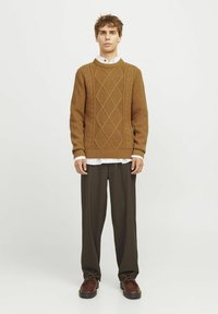 Suéter marrón de punto con patrones en forma de diamante, combinado con una camisa blanca de cuello, pantalones oscuros de corte suelto y zapatos marrones de cordones.