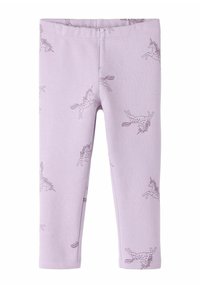 Leggings lilas para niños con cintura elástica y unicornios morados oscuros impresos dispersos por la tela.