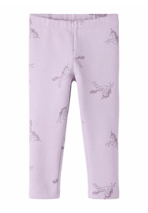 Leggings lilas para niños con cintura elástica y unicornios morados oscuros impresos dispersos por la tela.