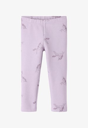 Fliederfarbene Kinderleggings mit elastischem Bund und dunkelvioletten Einhörnern, die über den Stoff verteilt sind.