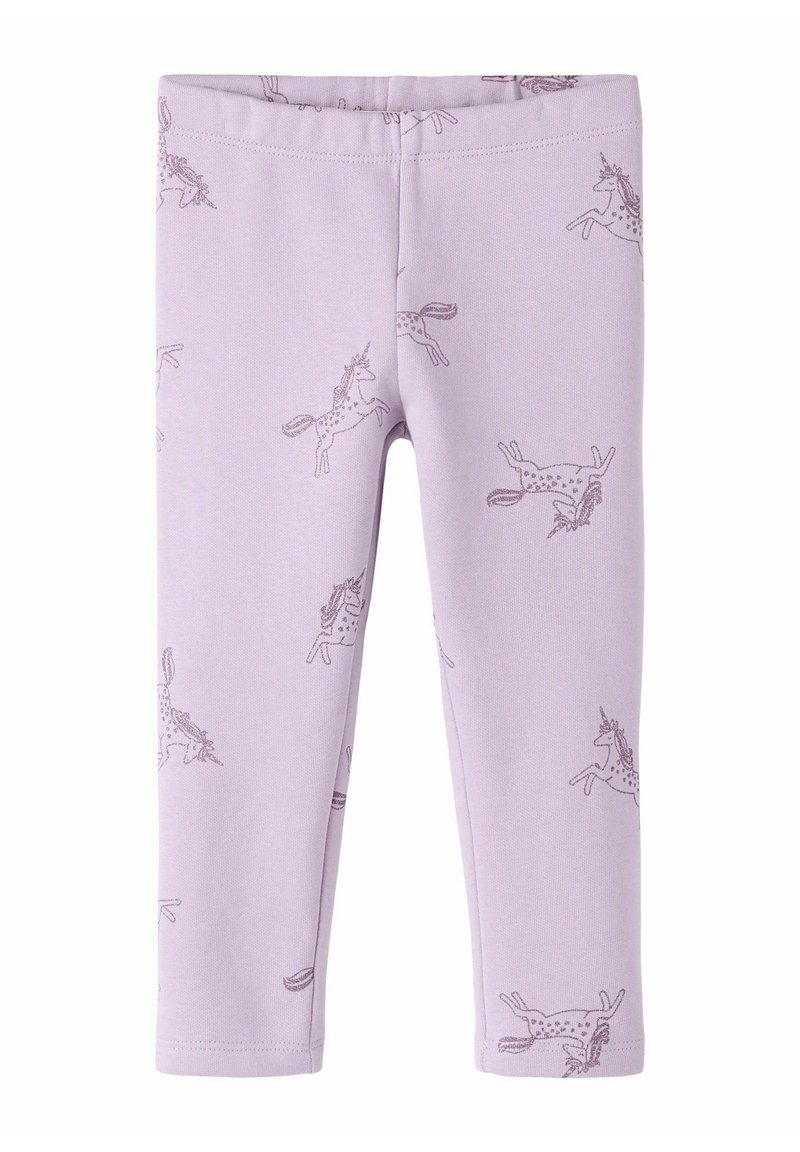 Leggings lilas para niños con cintura elástica y unicornios morados oscuros impresos dispersos por la tela.