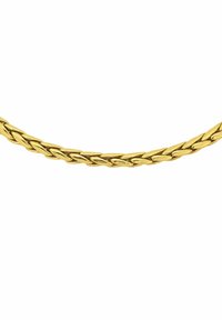Goldene Kette mit ineinandergreifenden Gliedern, ausgestattet mit einer glatten, glänzenden Oberfläche. Klassisches Design mit einem gleichmäßigen metallischen Glanz und flexibler Form.