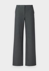 Grijze, wijde broek met een gladde textuur, op maat gemaakte tailleband en subtiele plooien. Heeft een strakke, klassieke uitstraling die geschikt is voor verschillende gelegenheden.