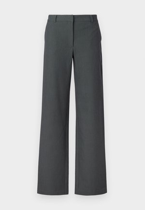 Grijze, wijde broek met een gladde textuur, op maat gemaakte tailleband en subtiele plooien. Heeft een strakke, klassieke uitstraling die geschikt is voor verschillende gelegenheden.