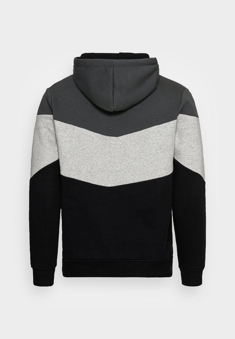 Kapuzensweatshirt mit einem Chevron-Muster in Schwarz, Grau und Hellgrau, aus weichem Stoff mit gerippten Bündchen und Saum.