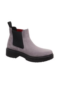 Szary zamszowy botek za kostkę z czarnym elastycznym panelem bocznym, okrągłym noskiem i teksturowaną czarną gumową podeszwą. Posiada pętelkę ułatwiającą zakładanie.