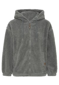 Fleece-Zip-Hoodie in Dunkelgrau. Verfügt über eine weiche, strukturierte Oberfläche, Kordeln und einen Reißverschluss. Enthält seitliche Taschen und elastische Bündchen.