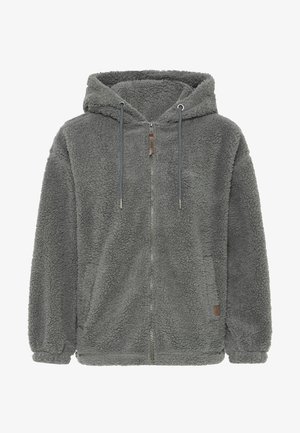 Hanorac cu fermoar din fleece, de culoare gri închis. Prezintă o suprafață moale, texturată, șnururi de ajustare și închidere cu fermoar. Include buzunare laterale și manșete elastice.