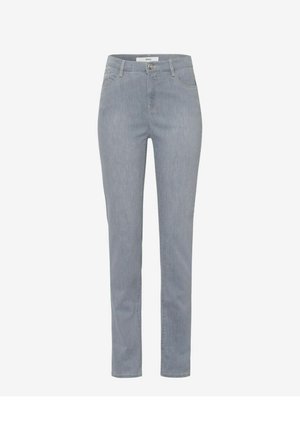 Light gray denim jeans with a straight-leg design, five-pocket styling, and a zip fly with metal button closure. Smooth texture and medium weight.
