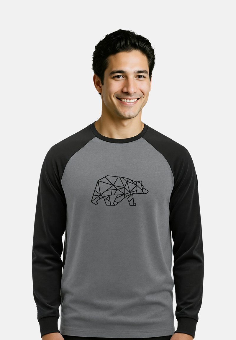 Graues Langarmshirt mit schwarzen Raglanärmeln und einer geometrischen Bärengrafik in Schwarz auf der Vorderseite, aus einem weichen Stoff gefertigt.