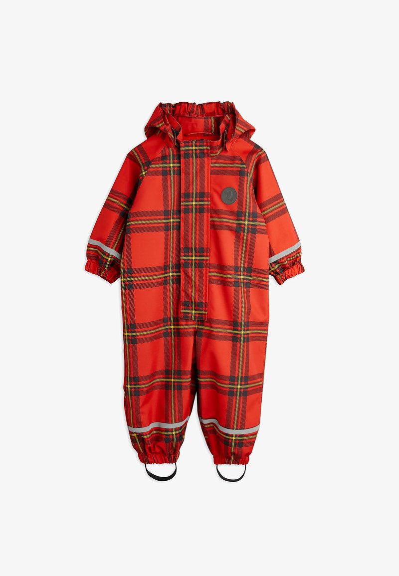 Sarkans šallīgs lietus uzvalks ar elastīgām piedurknēm, kapuci un atstarotājām svītrām. Aprīkots ar priekšējo zippered un logotipa pazīmi uz krūtīm.