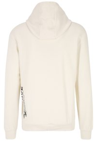 Bluza z kapturem w kolorze kremowym, z długimi rękawami, ściągaczami przy mankietach i nadrukiem po bokach. Gładka, miękka w dotyku.