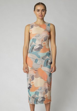 Fitted, sleeveless dress in soft, stretchy fabric featuring an abstract pattern in coral, blue, beige, and grey tones; knee-length.