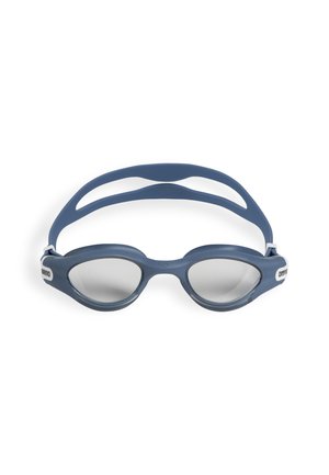 Gafas de natación con un marco de silicona azul oscuro, lentes espejados y una correa doble para un ajuste seguro. Detalles texturizados en los laterales.