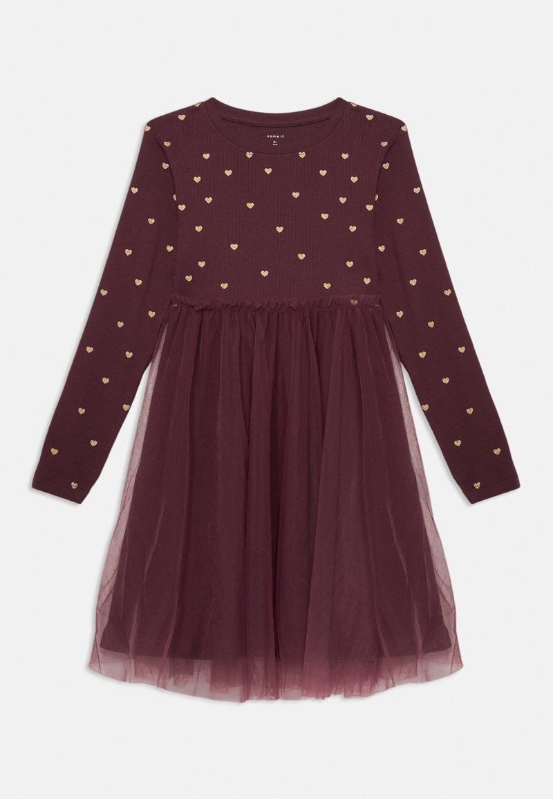 Mädchen Kleid mit langen Ärmeln in Burgunderrot, mit goldenen Herzmustern auf der Oberseite und einem transparenten Tüllrocküberzug.