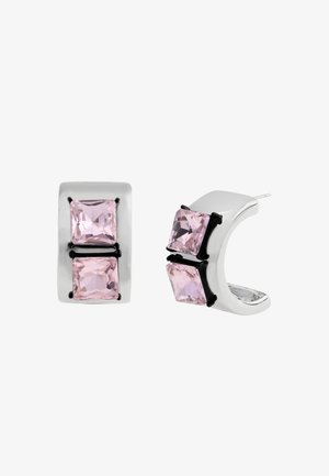 Silver earrings featuring two rectangular pink gemstones secured with black accents, curved design, polished finish, and post back.