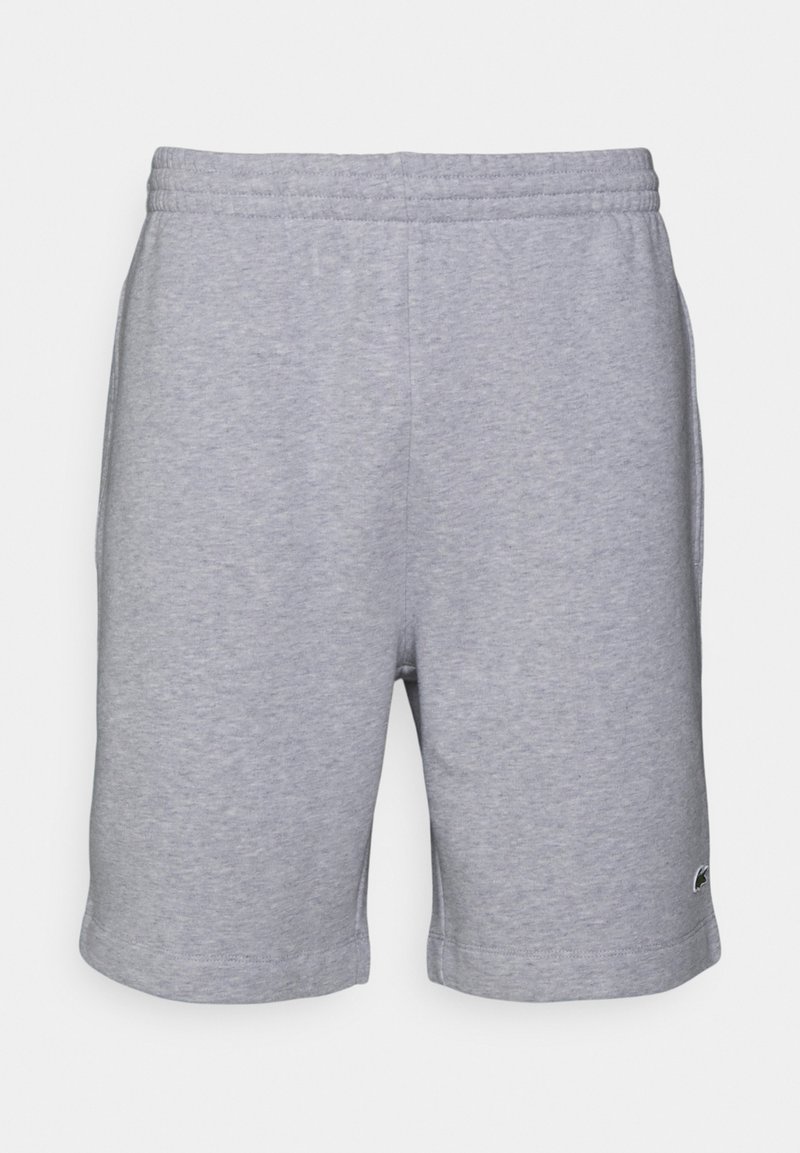 Gray cotton blend shorts with a relaxed fit, elastic waistband, and side pockets. Features minimal branding on the lower left hem.