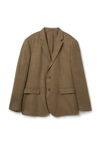 Blazer in lino marrone con rever a punta, chiusura a un bottone, due tasche frontali e una tasca sul petto. Tessuto liscio e vestibilità sagomata.
