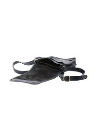 Borsa a tracolla in pelle blu navy con due compartimenti, accessori in ottone, cintura regolabile e un morbido interno in suede.