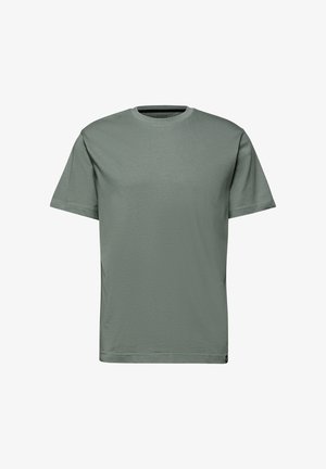 Vihreän sävyinen lyhythihainen t-paita, valmistettu pehmeästä kankaasta, jossa on perinteinen pyöreä pääntie ja rento istuvuus ilman näkyviä kuvioita.