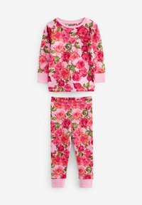Blüten-Pyjama-Set mit Langarmoberteil und Leggings. Das Material ist weiche Baumwolle und weist einen pinken Grundton mit lebhaften roten und orangefarbenen Rosen sowie grünen Blättern auf.
