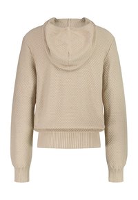 Pull en capuche texturé beige avec des poignets et un ourlet côtelés. Présente un design court et un motif de couture subtil sur l'ensemble.