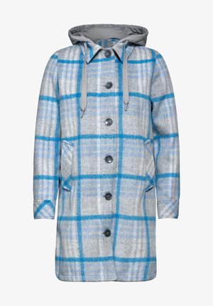 Abrigo gris de cuadros con acentos azules, que cuenta con capucha, bolsillos frontales y cierres de botón. Fabricado en una suave tela parecida a la lana.