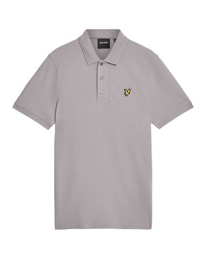 Polo grigio chiaro a maniche corte con tre bottoni e logo di un uccello giallo sul petto a sinistra.